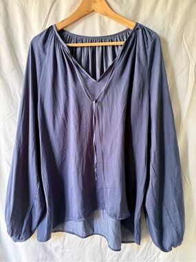 Slate Blue V-Neck Peasant Blouse with Tie Detail